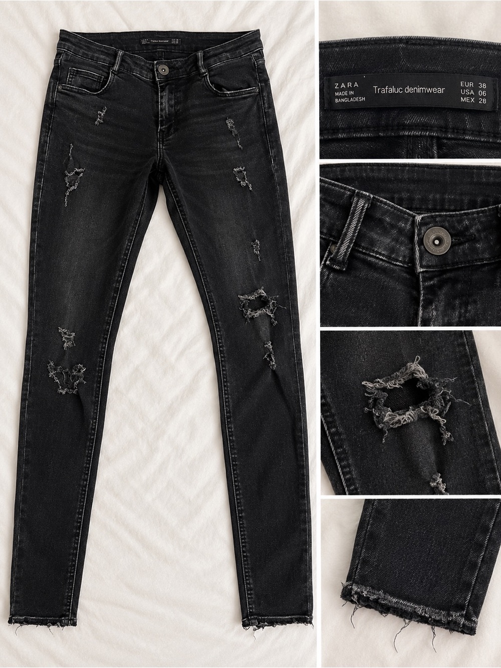 Zara Black Distressed Skinny Jeans with Frayed Hem
